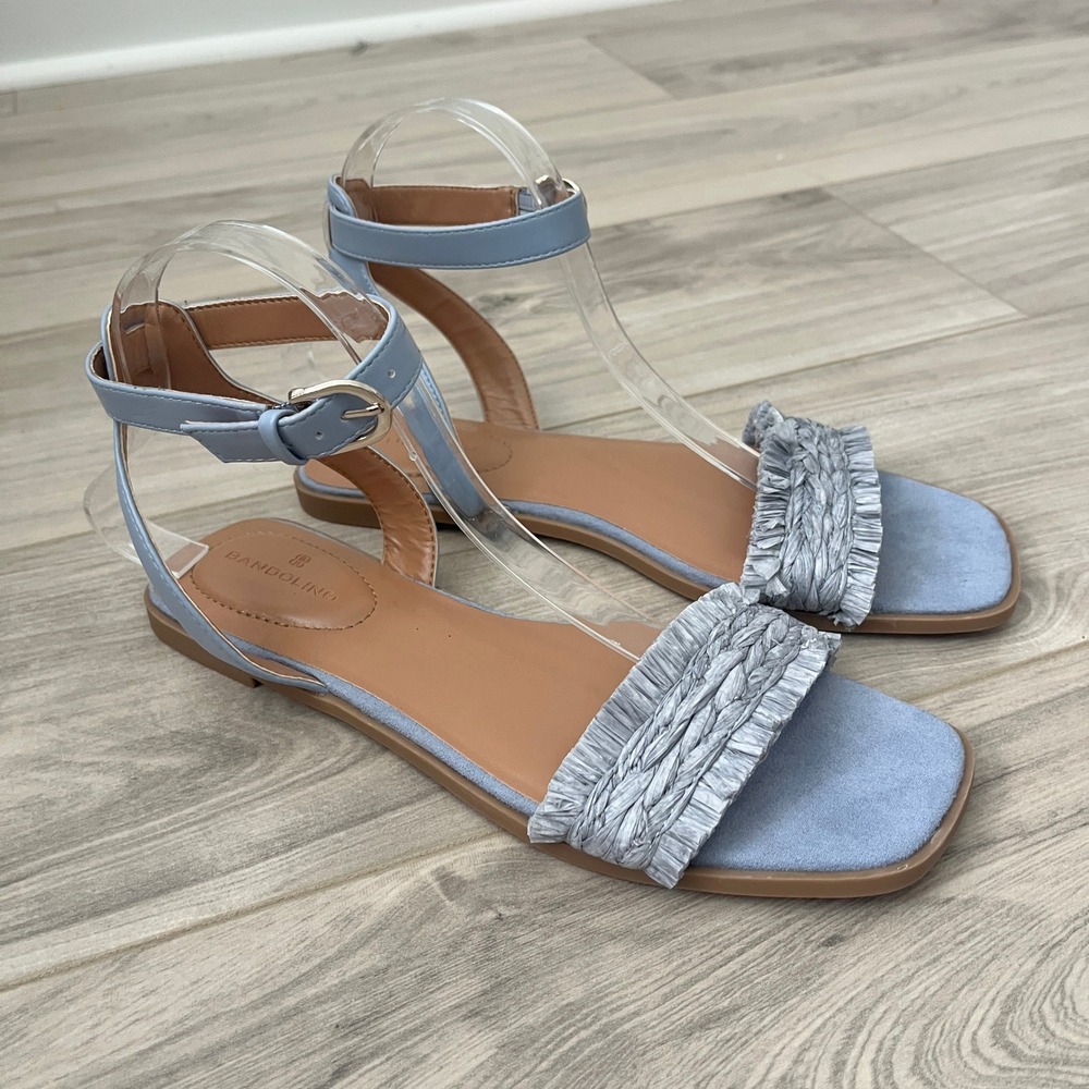 Bandolino Vonna Flat Sandals Coastal Light Blue 8.5M Braided Raffia Fringe